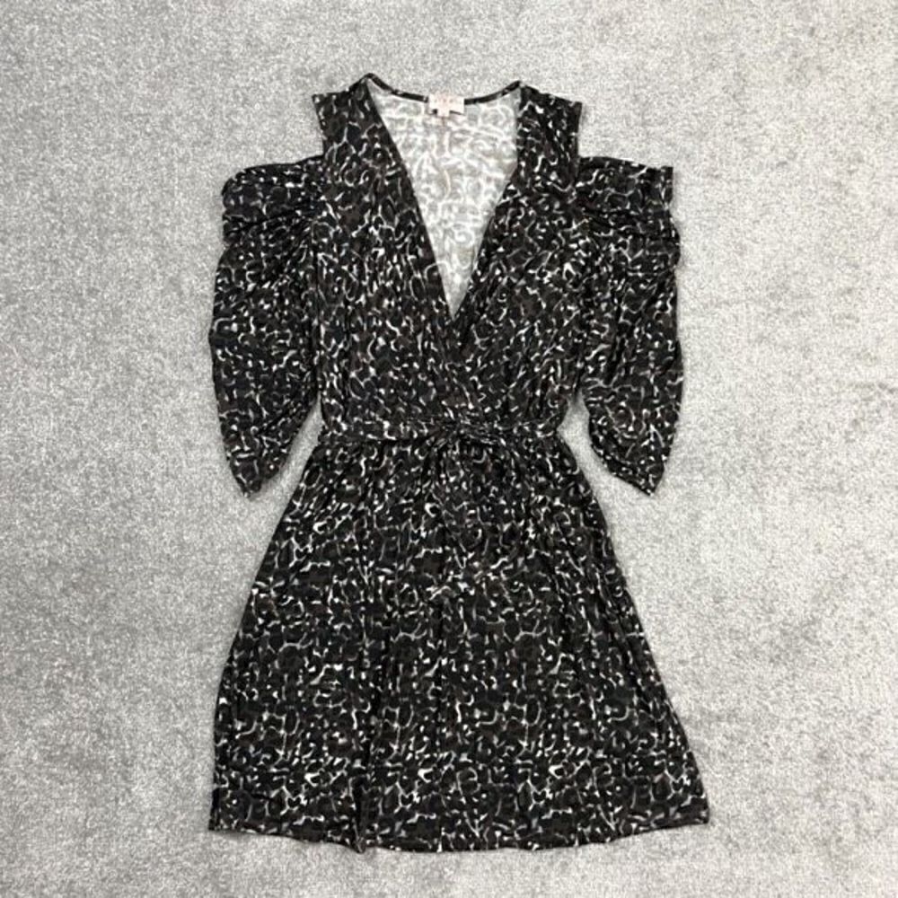 Hale Bob Vintage Here Kitty Kitty Leopard Print Cold Shoulder Dress Rouched Med